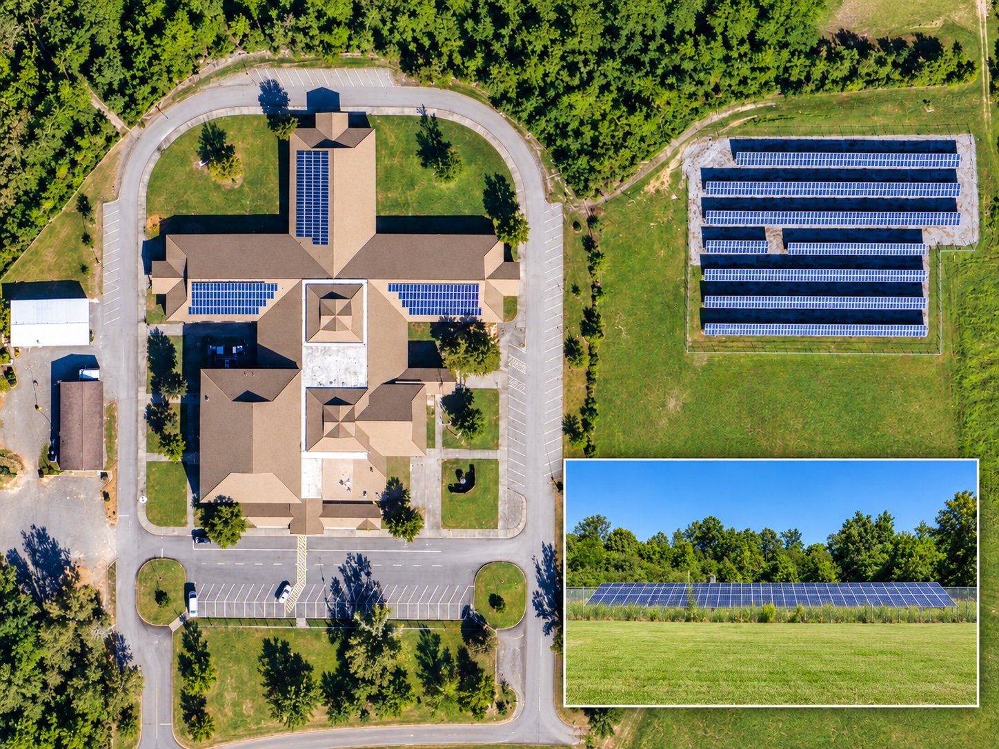 Harrisburg school campus with rooftop solar panels and a ground-mounted solar array, with a ground-level inset