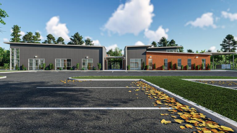 Health Unit — parking and building elevation rendering.