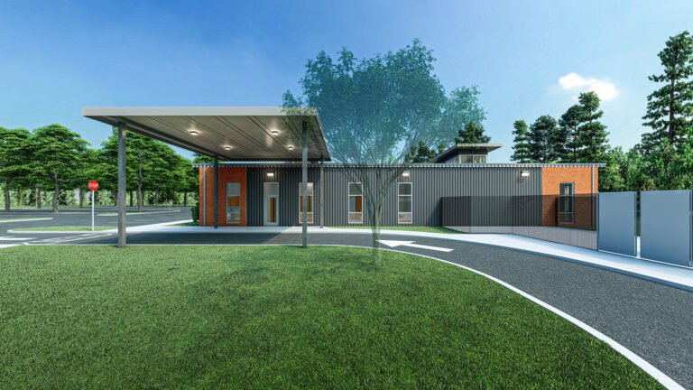 Health Unit — covered entrance rendering.