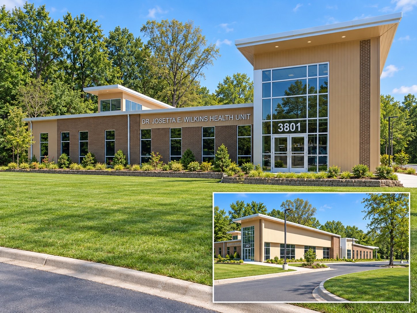 Dr. Josetta E. Wilkins Health Unit — exterior views of Jefferson County’s public health facility with an inset of the campus approach.