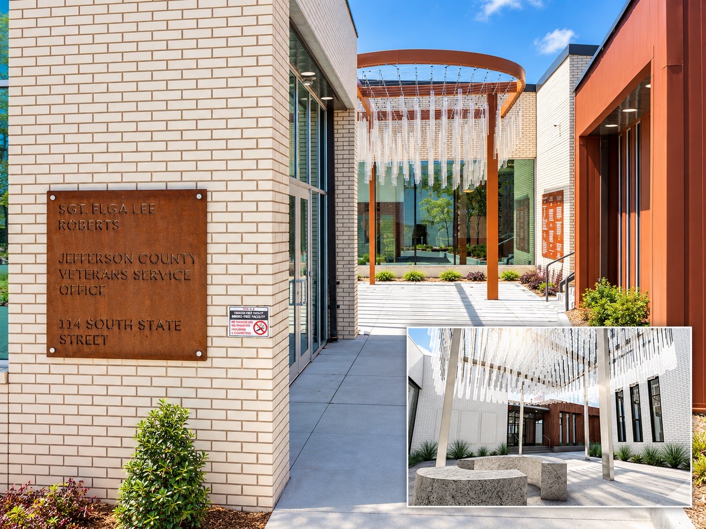 Jefferson County Veterans Service Office — entrance and memorial courtyard, with an inset courtyard view.