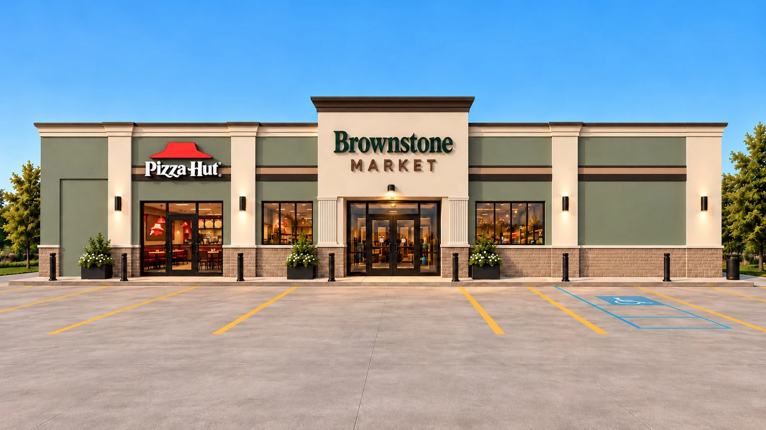 Brownstone Market of Lonoke front exterior rendering with Pizza Hut restaurant